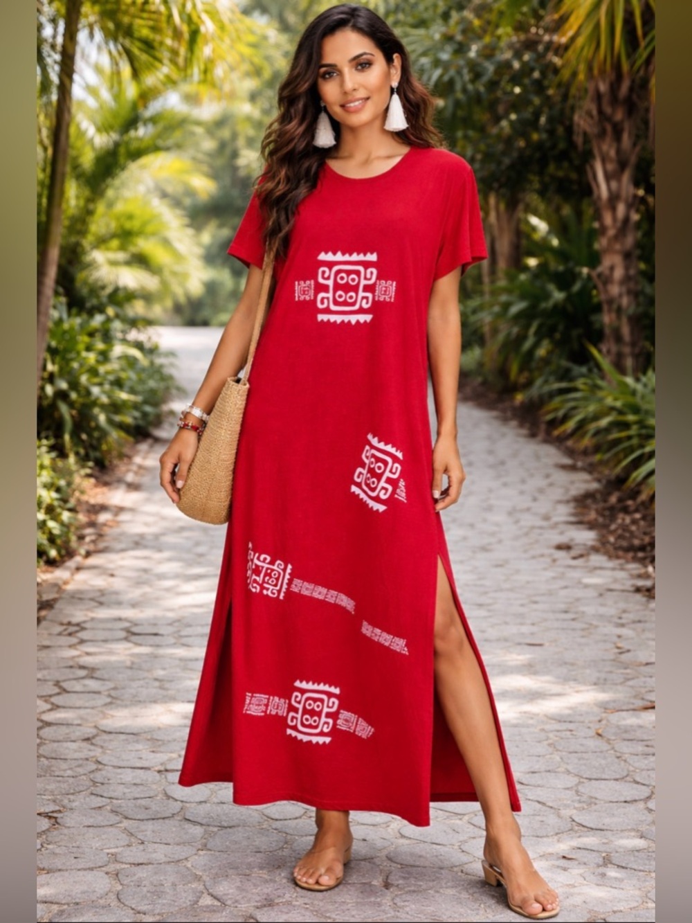 Vintage 90s Superline USA Red Graphic Maxi  tribal t-shirt Dress Sz S-M